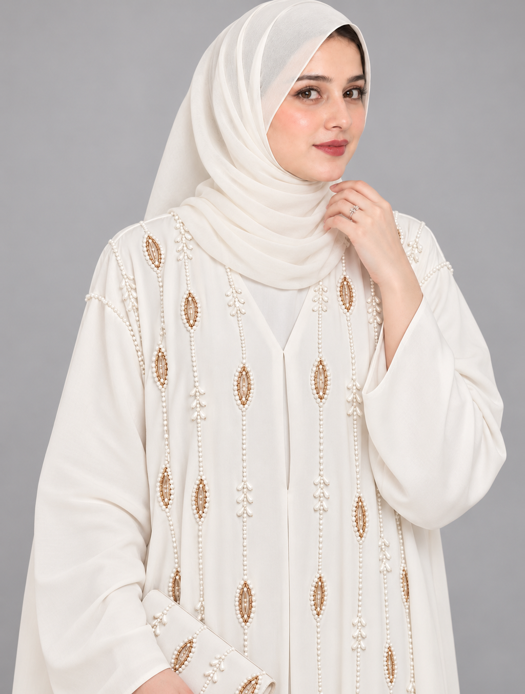 Ivory Pearl & Gold Handwork Abaya — Ivory