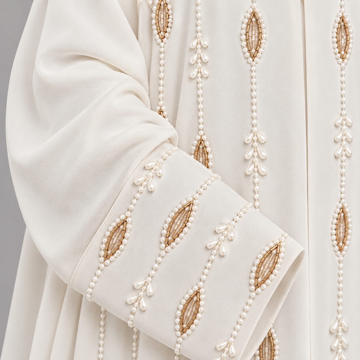 Ivory Pearl & Gold Handwork Abaya — Ivory