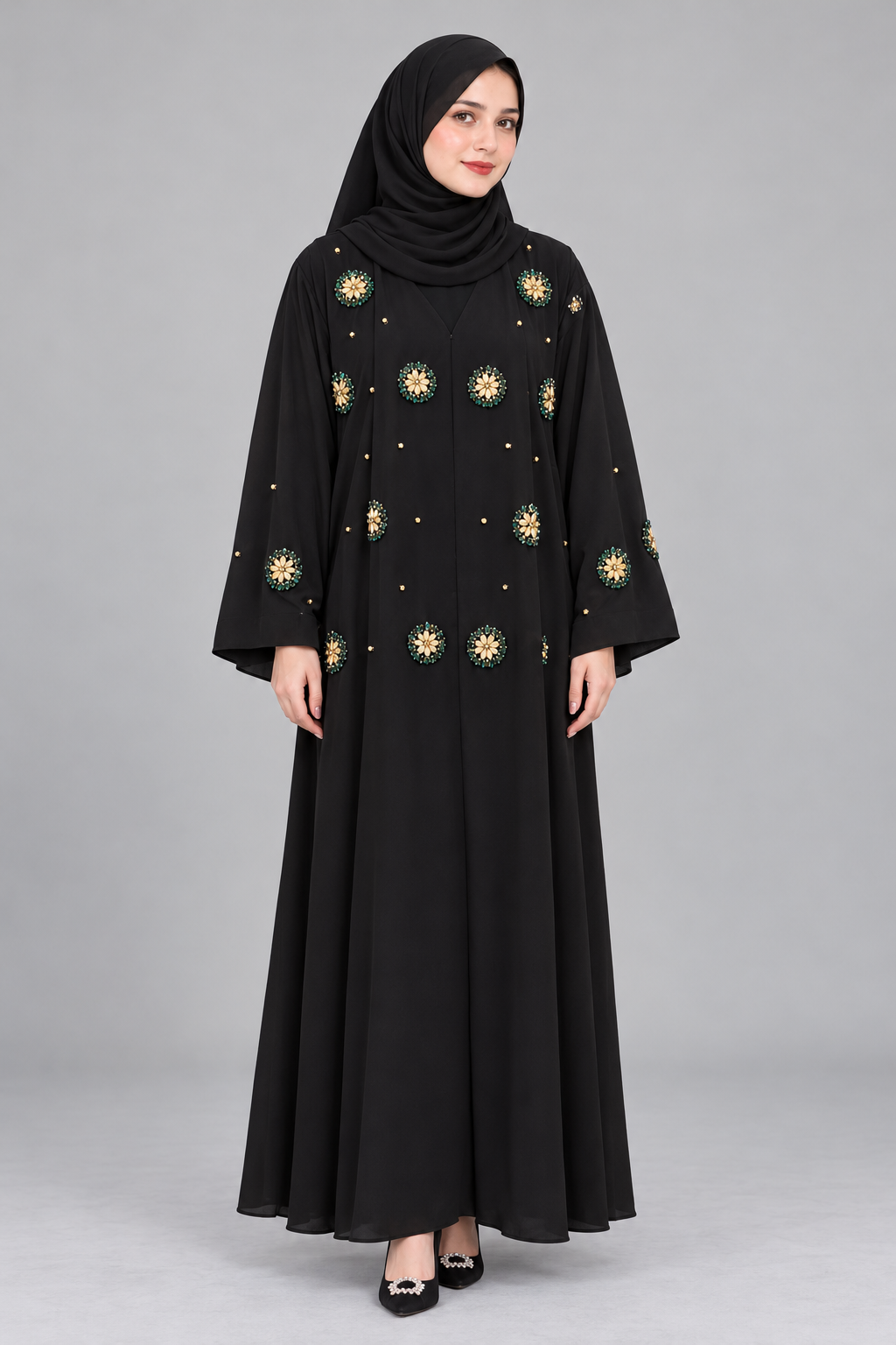 Black Emerald & Gold Handwork Abaya — Black