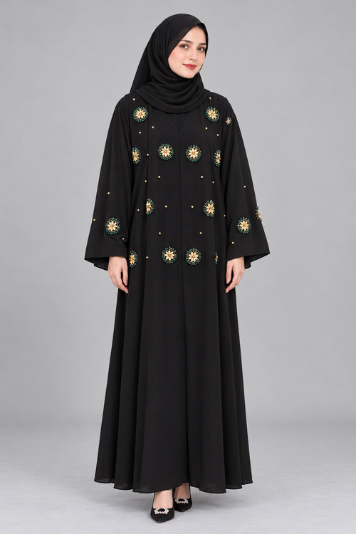 Black Emerald & Gold Handwork Abaya — Black