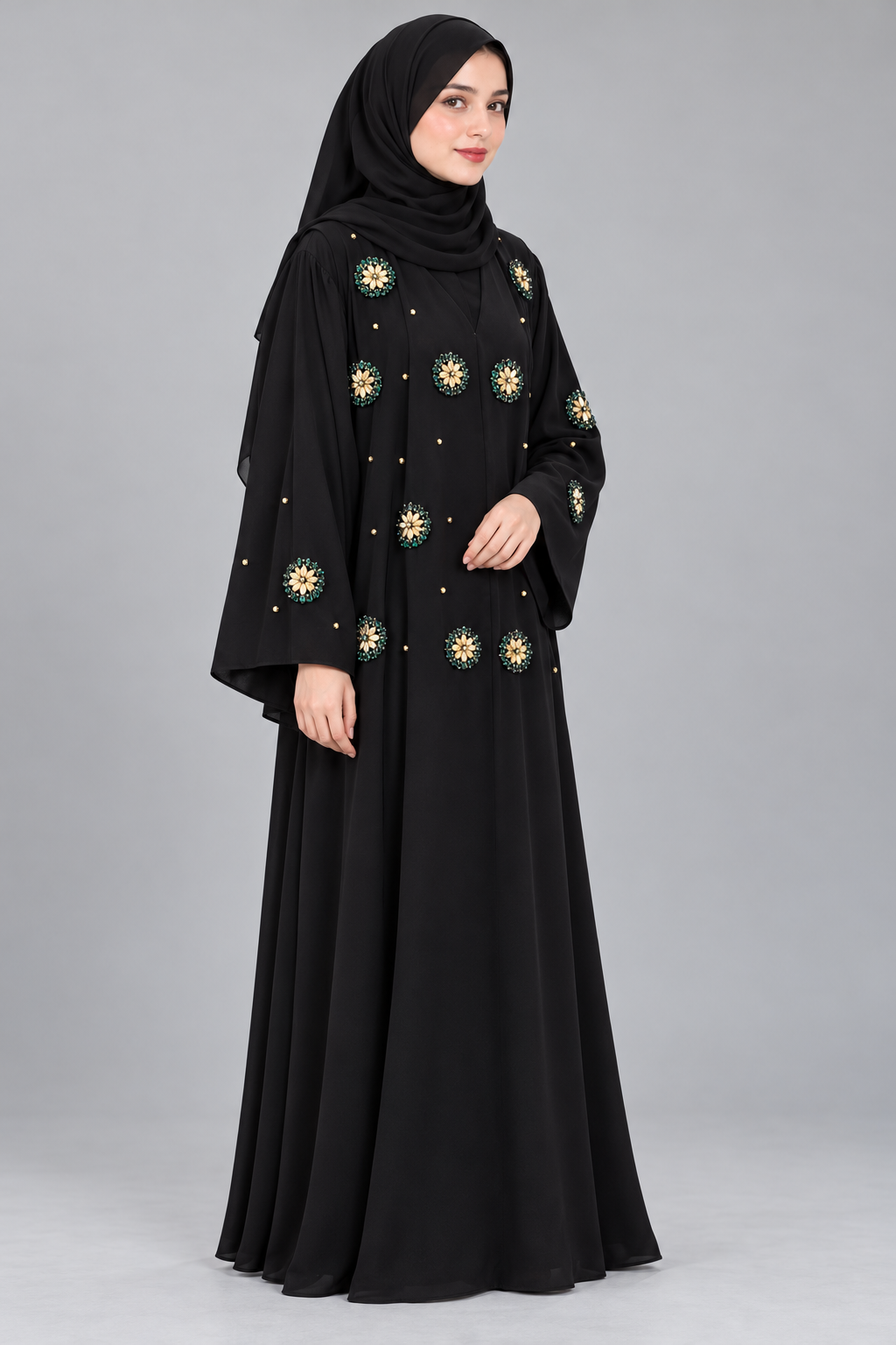 Black Emerald & Gold Handwork Abaya — Black