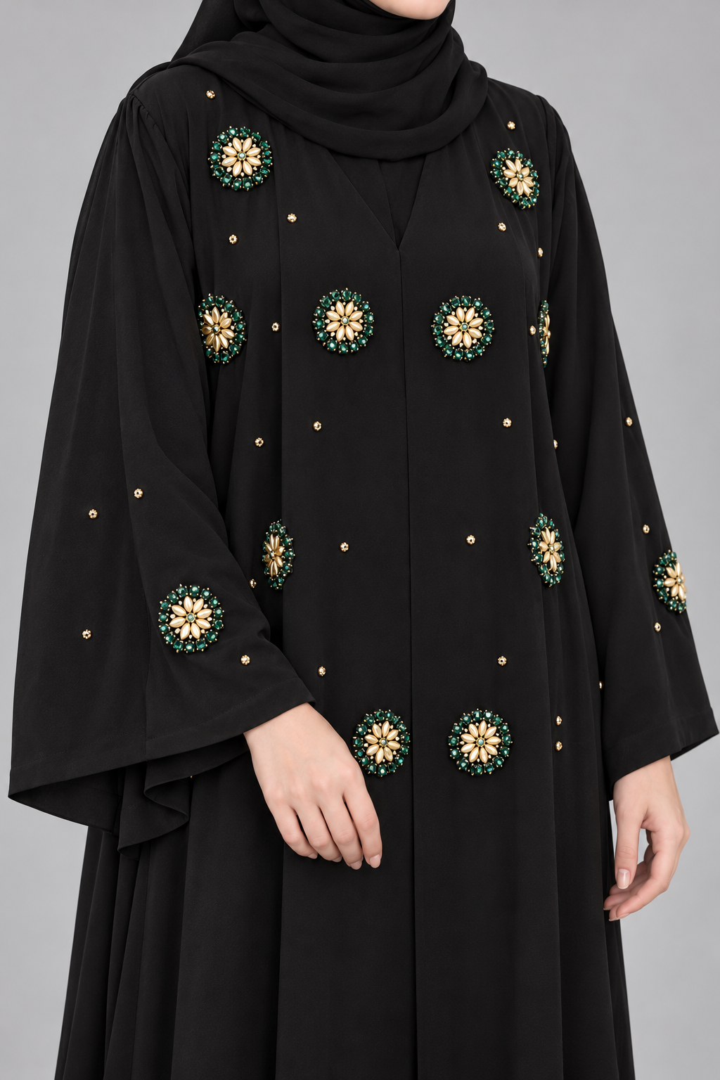 Black Emerald & Gold Handwork Abaya — Black