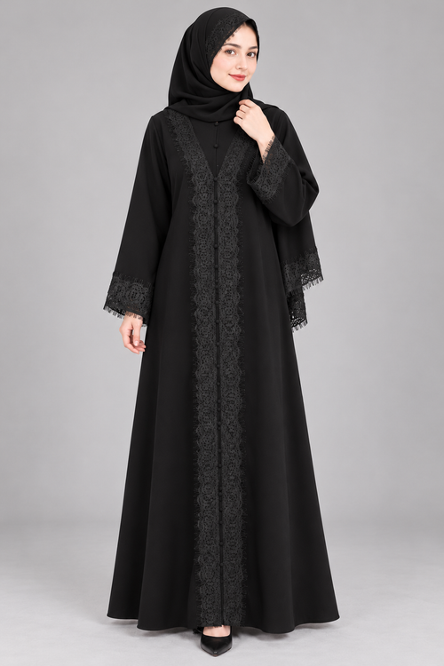 Black Lace Trim Abaya — Black