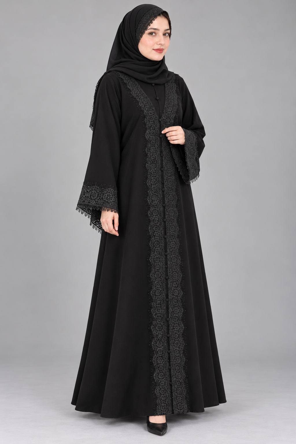 Black Lace Trim Abaya — Black