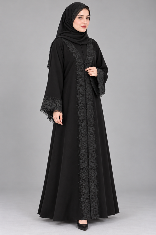Black Lace Trim Abaya — Black