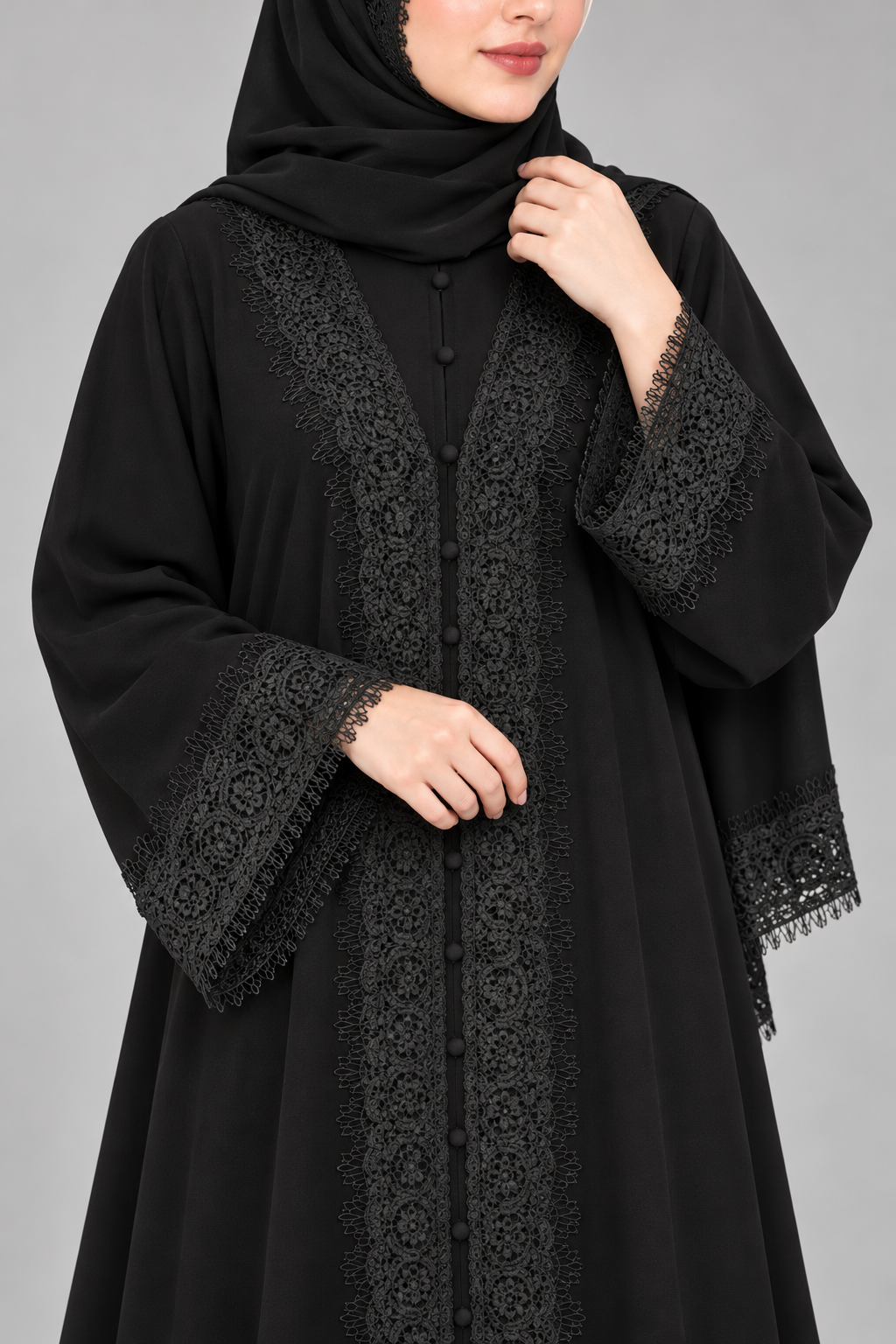 Black Lace Trim Abaya — Black