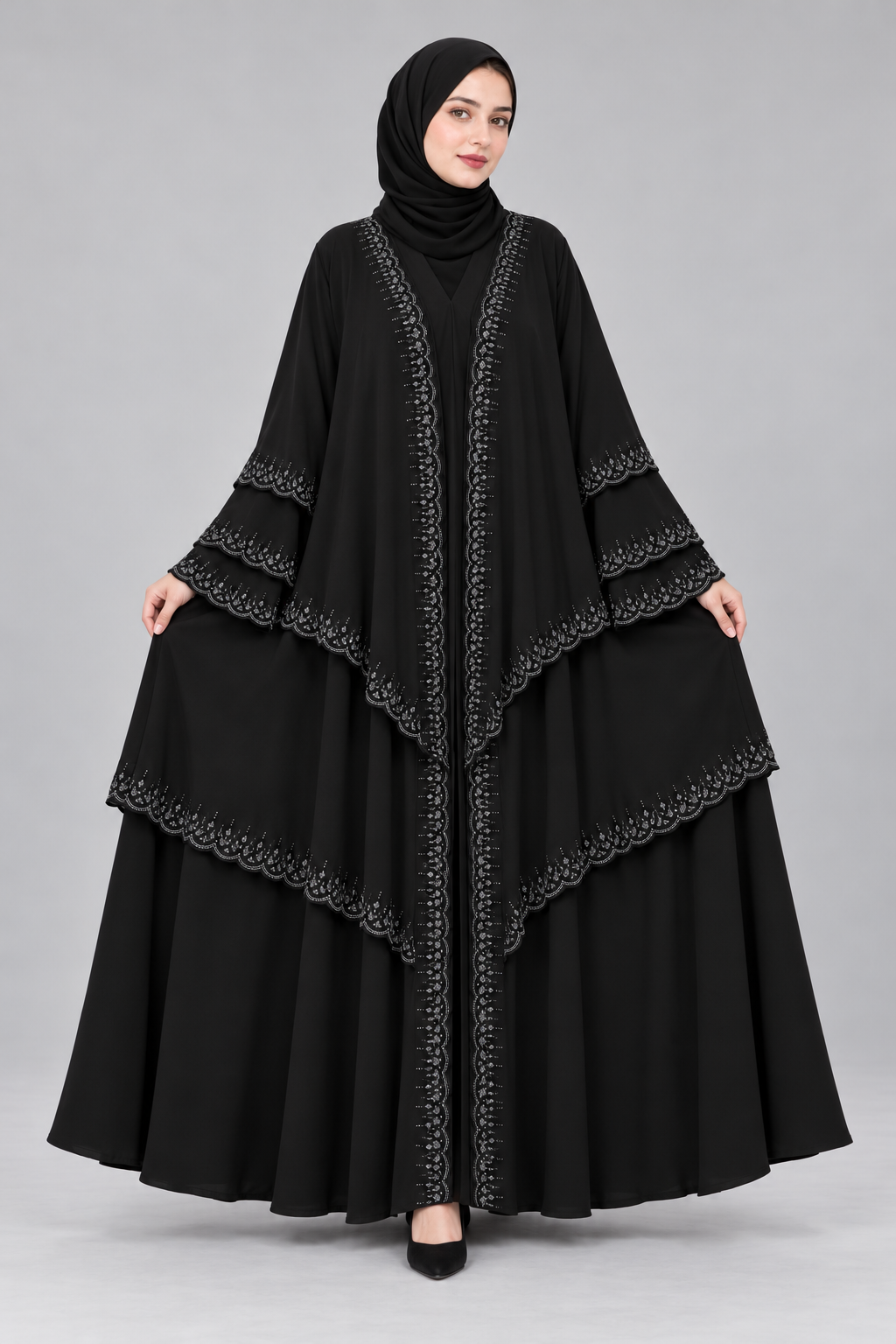 Tiered Embellished Abaya — Black