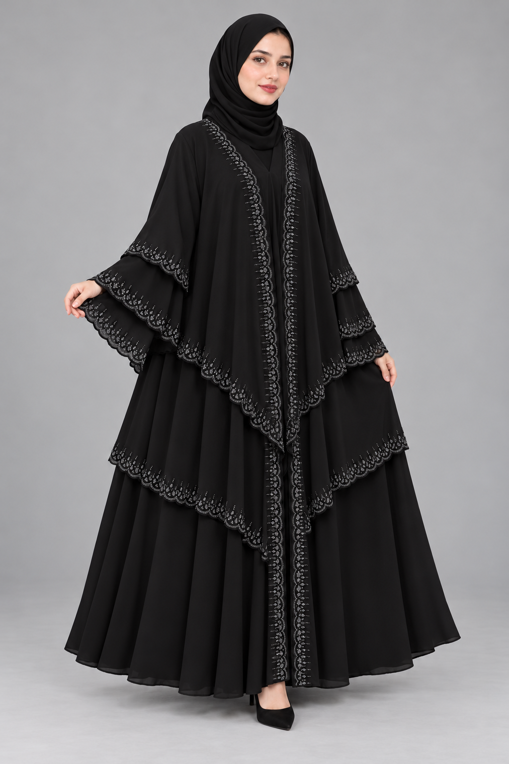 Tiered Embellished Abaya — Black