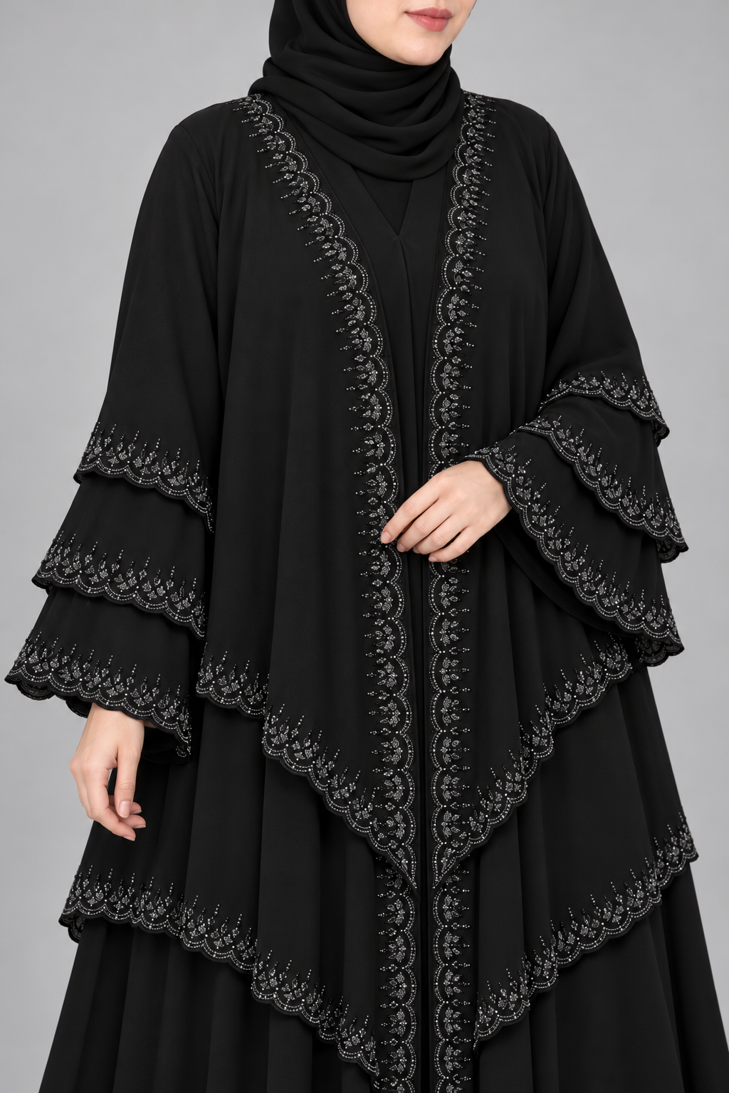 Tiered Embellished Abaya — Black