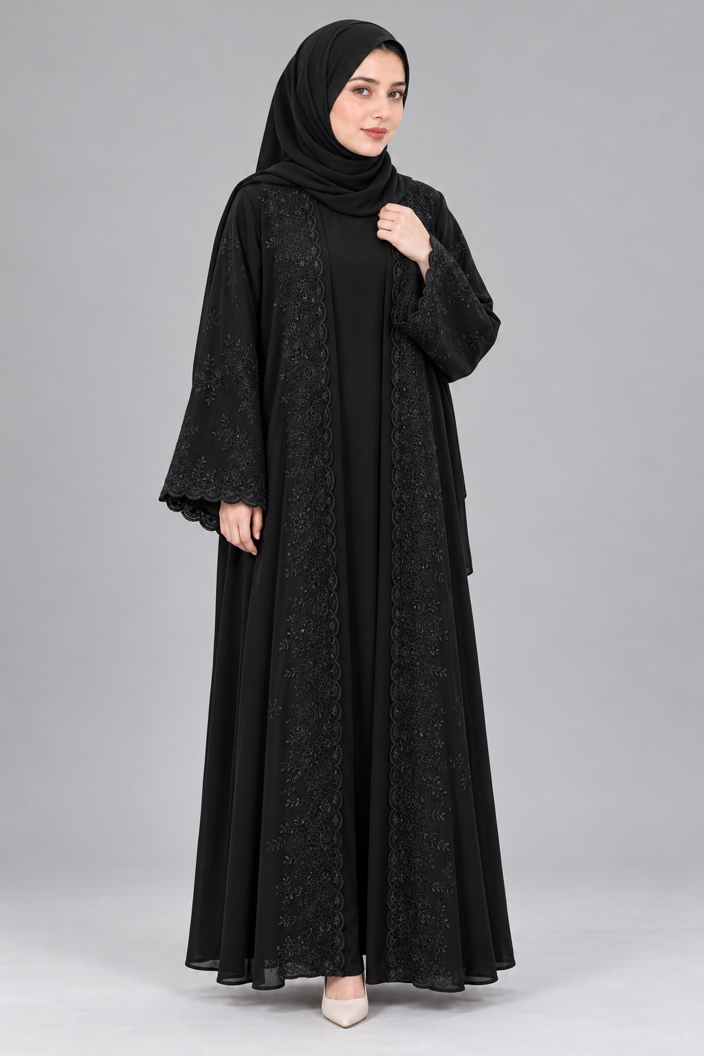 Tonal Floral Embroidery Abaya — Black