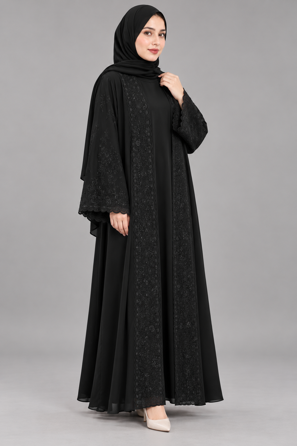 Tonal Floral Embroidery Abaya — Black