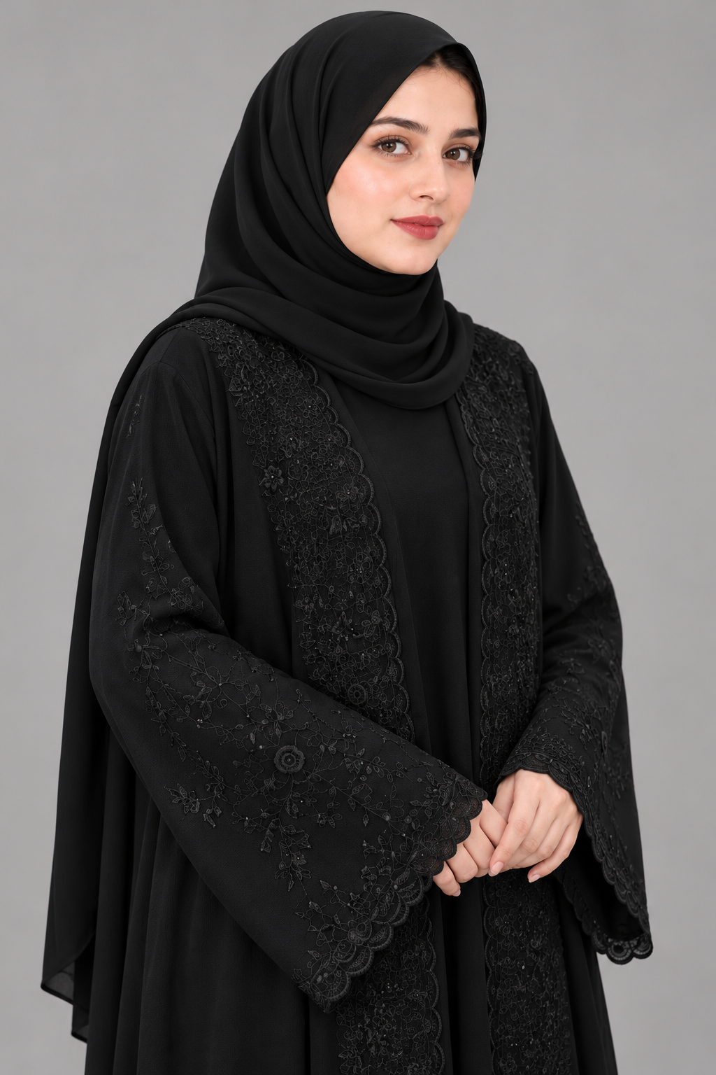 Tonal Floral Embroidery Abaya — Black