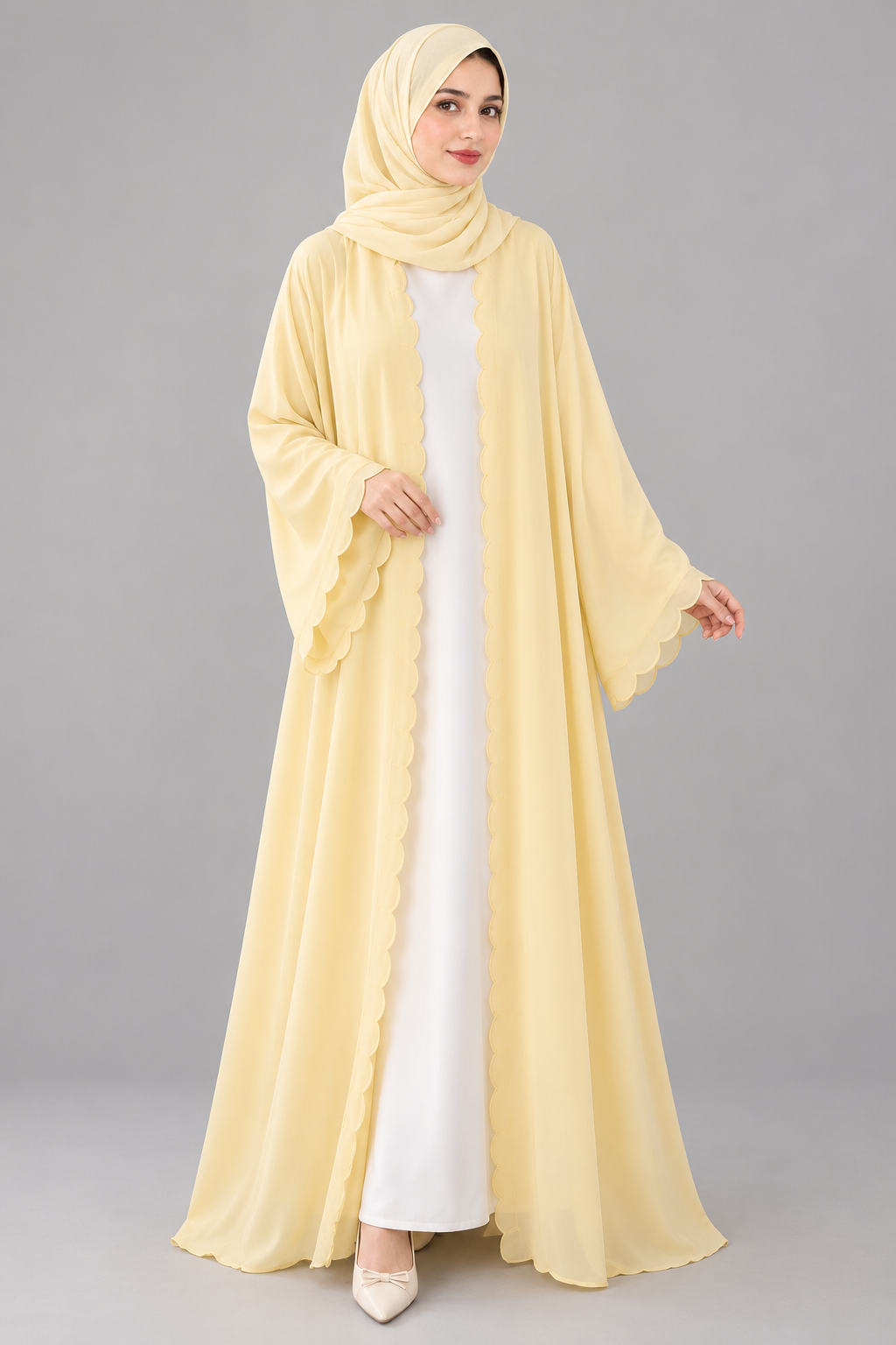 Butter Yellow Scallop Open Abaya — Yellow