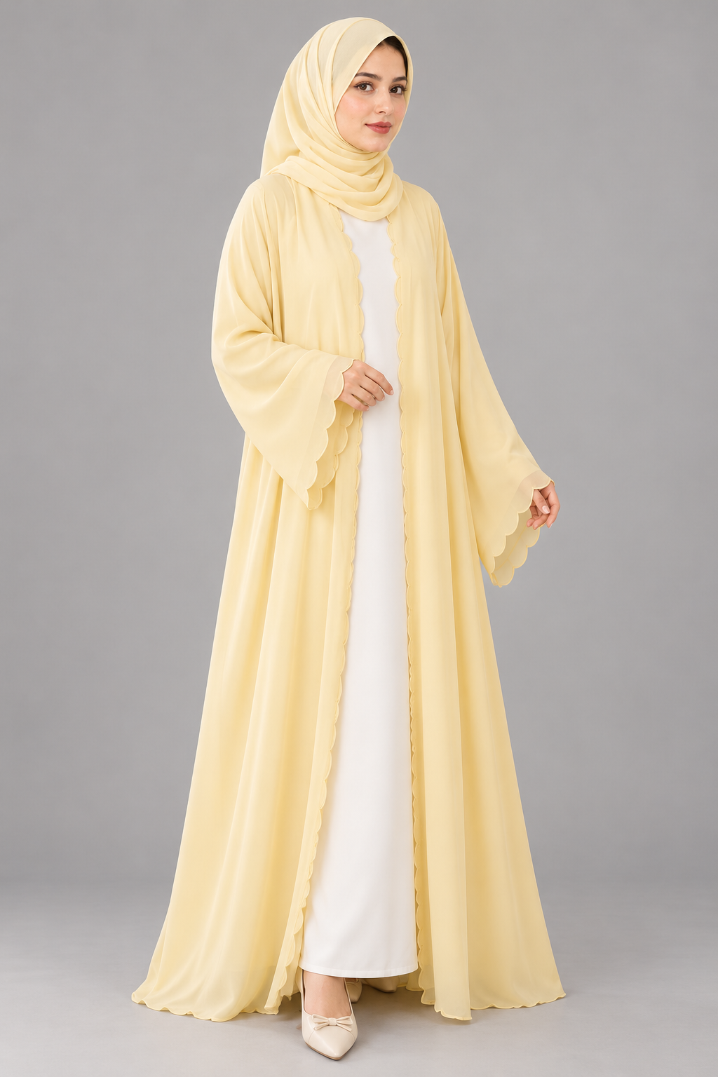 Butter Yellow Scallop Open Abaya — Yellow