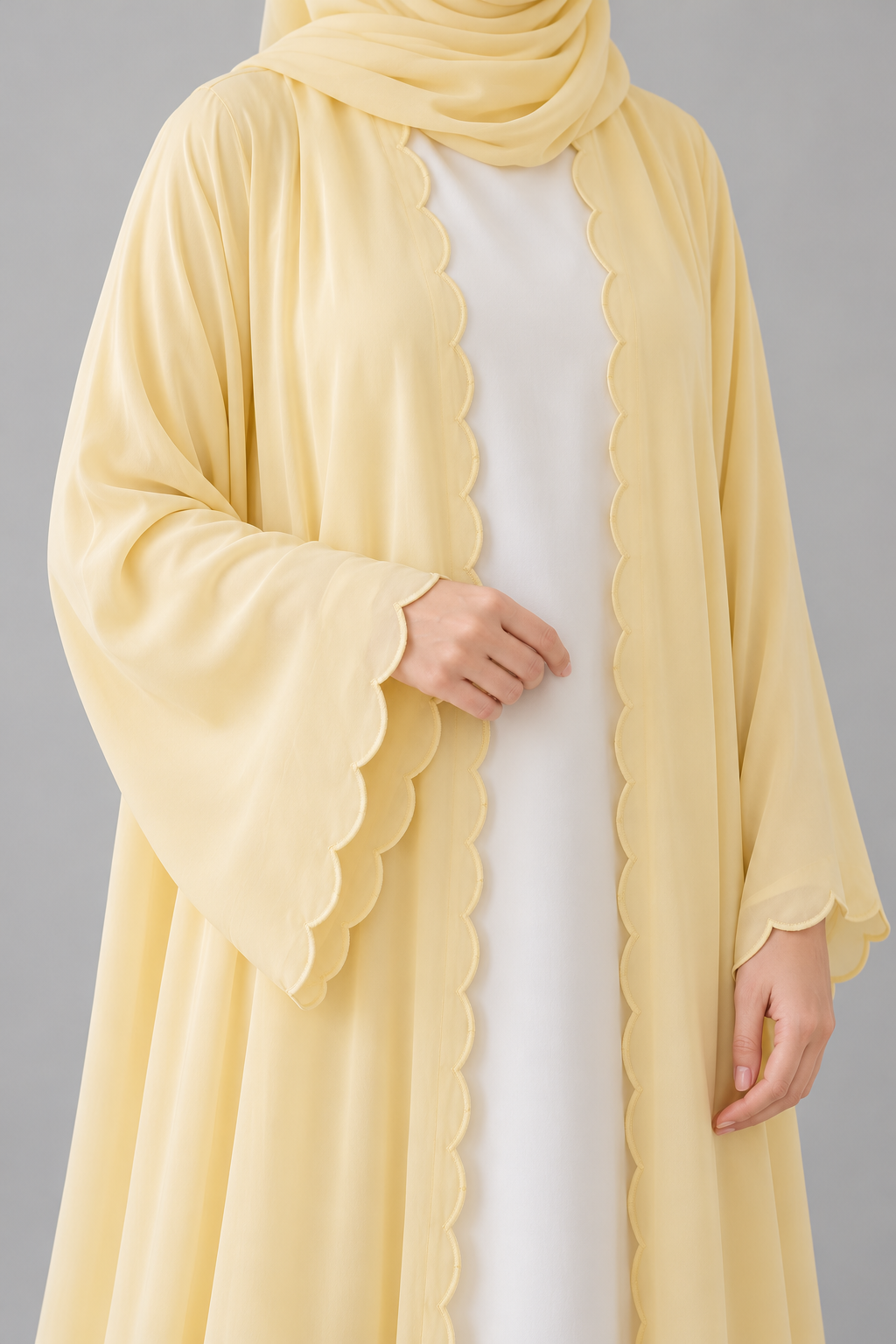 Butter Yellow Scallop Open Abaya — Yellow