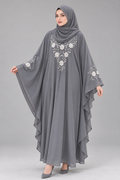 White Floral Embroidery Abaya — Grey