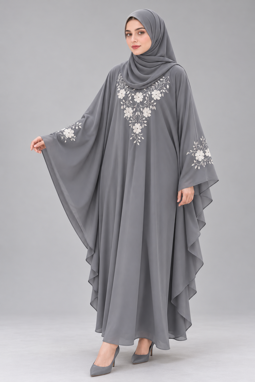 White Floral Embroidery Abaya — Grey