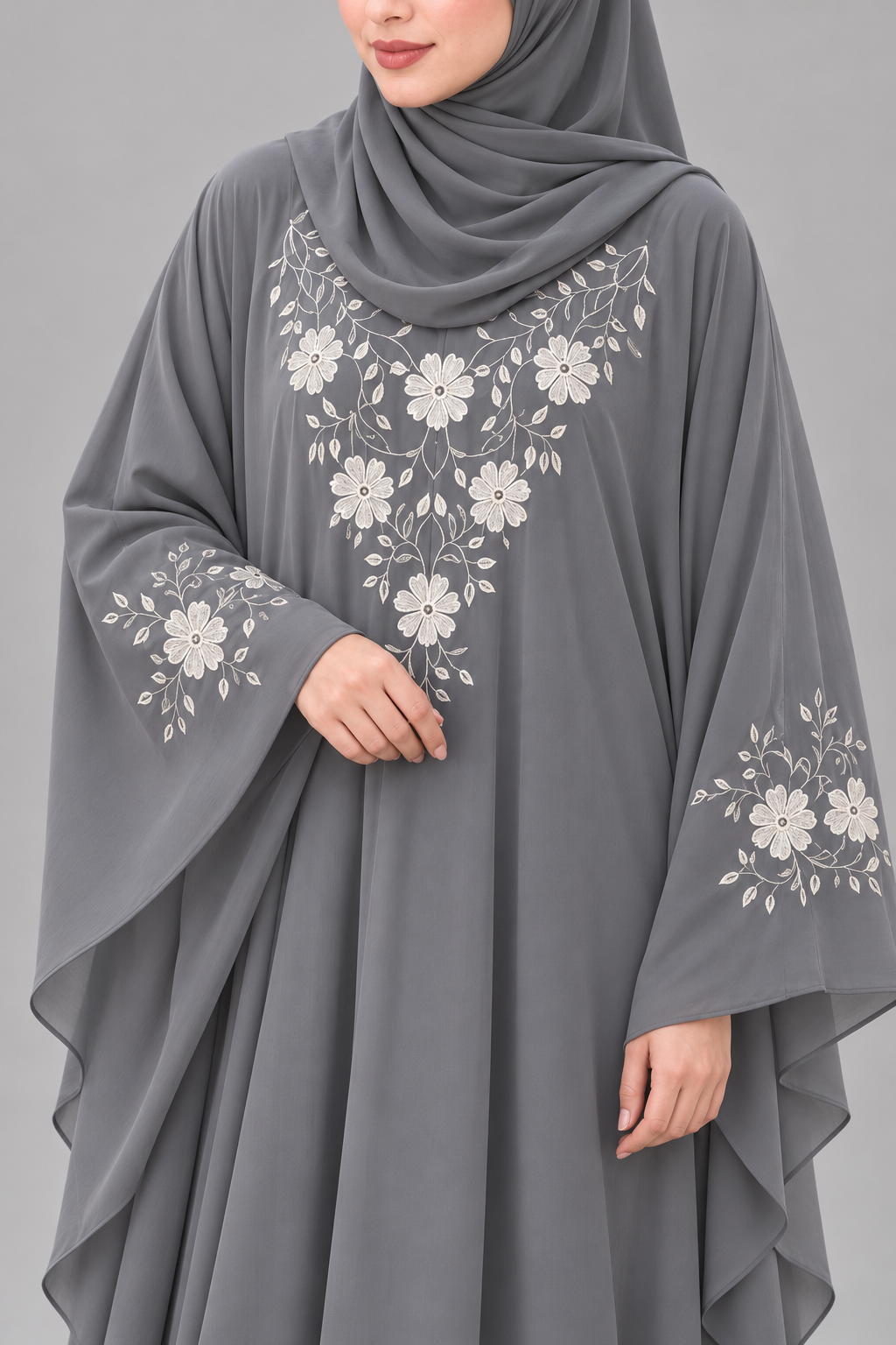 White Floral Embroidery Abaya — Grey