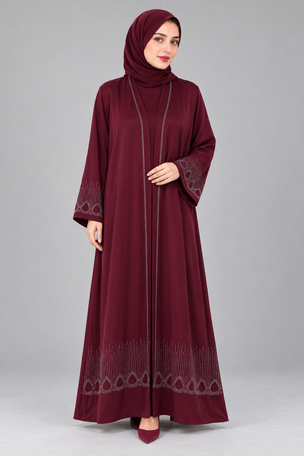 Maroon Teardrop Stonework Abaya — Maroon