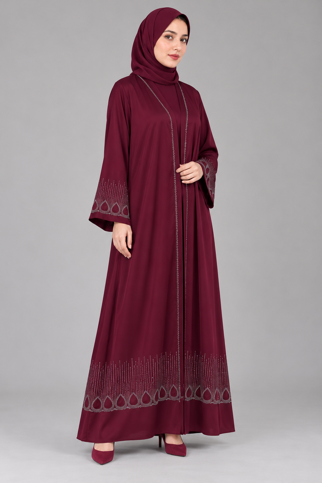 Maroon Teardrop Stonework Abaya — Maroon