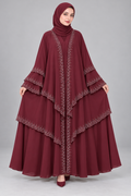 Maroon Tiered Embellished Abaya — full-length front view