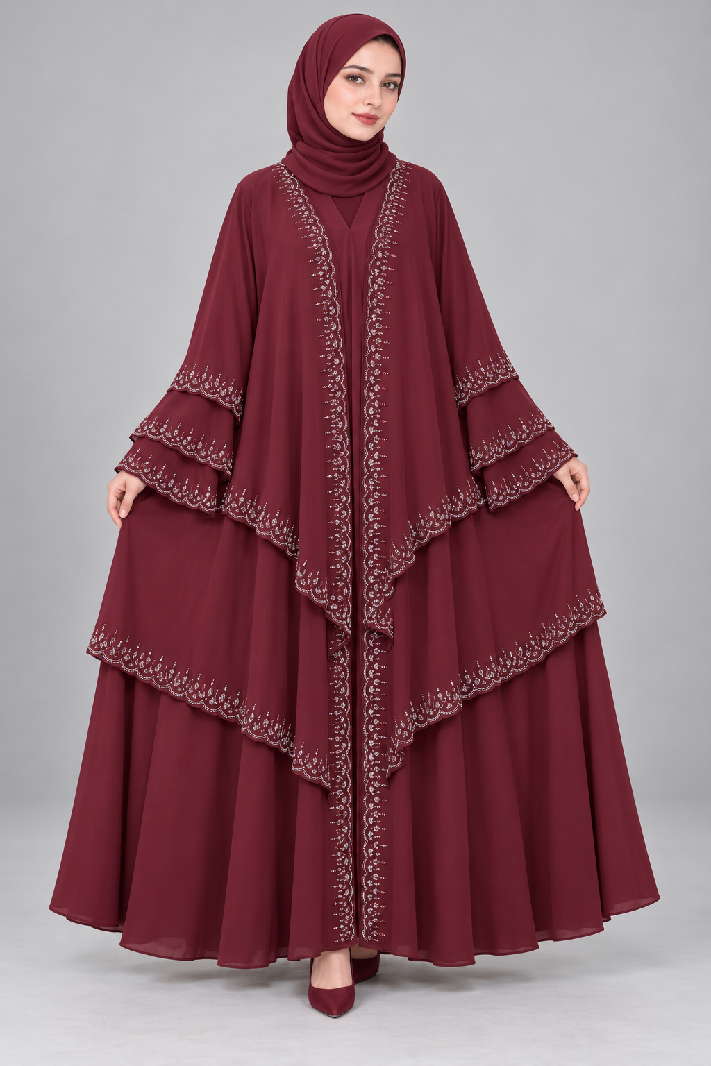 Maroon Tiered Embellished Abaya — full-length front view