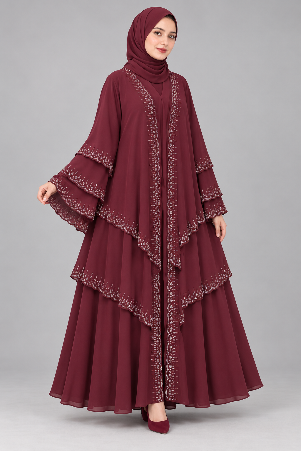 Maroon Tiered Embellished Abaya — three-quarter view