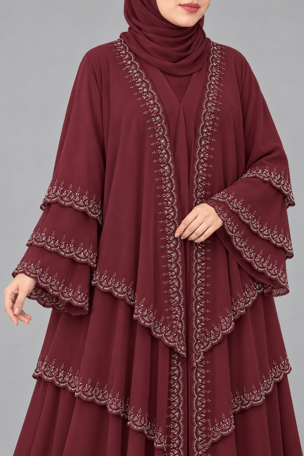 Maroon Tiered Embellished Abaya — garment detail