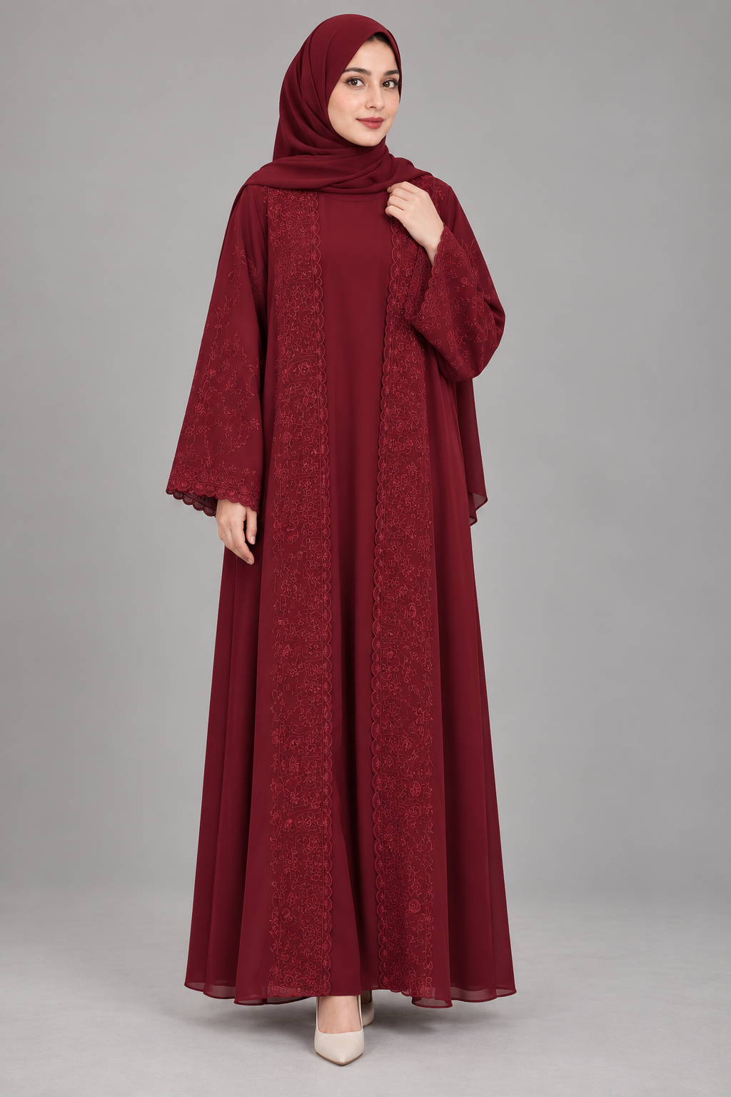 Maroon Tonal Floral Embroidery Abaya — full-length front view