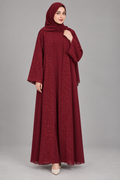 Maroon Tonal Floral Embroidery Abaya — full-length front view