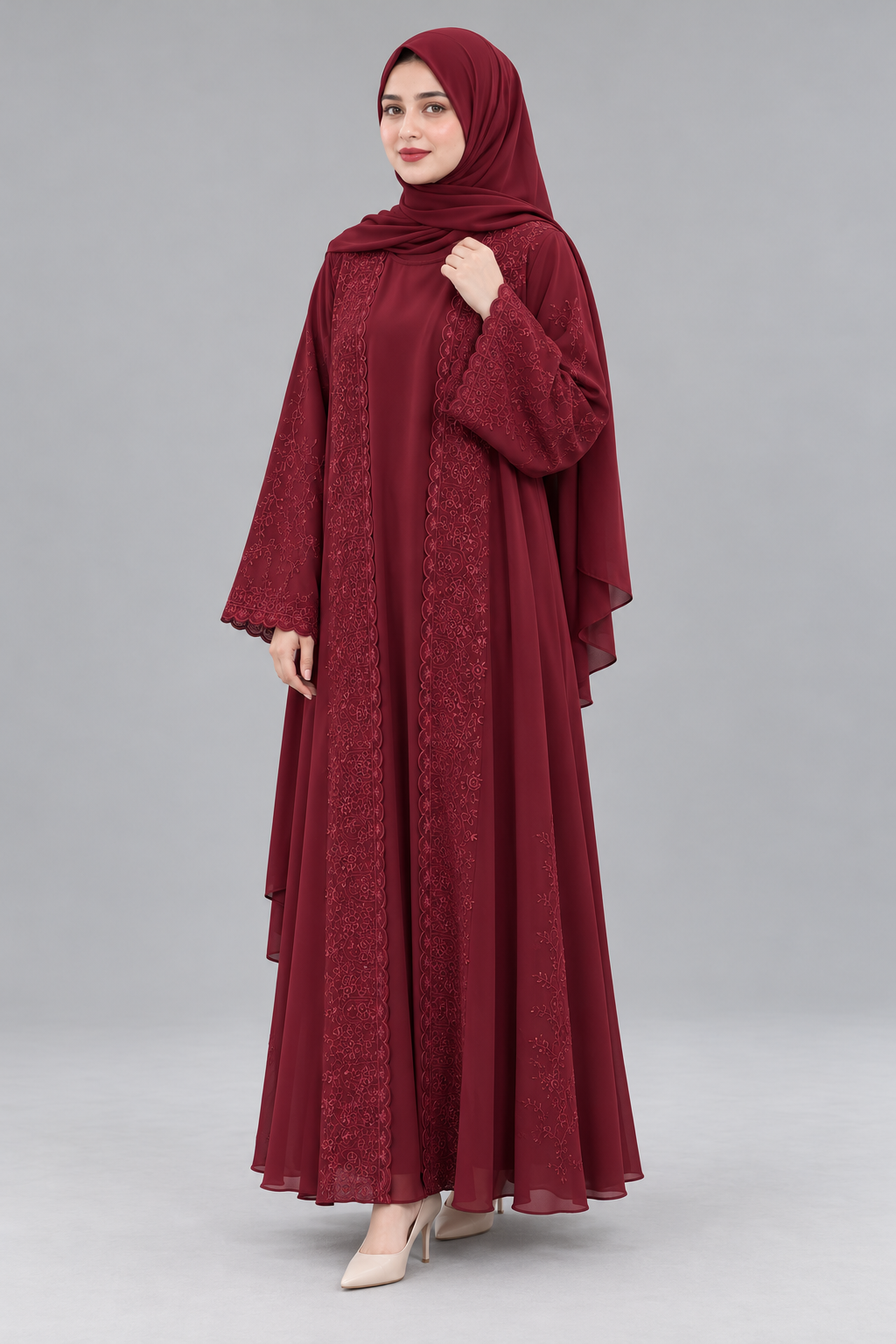 Maroon Tonal Floral Embroidery Abaya — three-quarter view