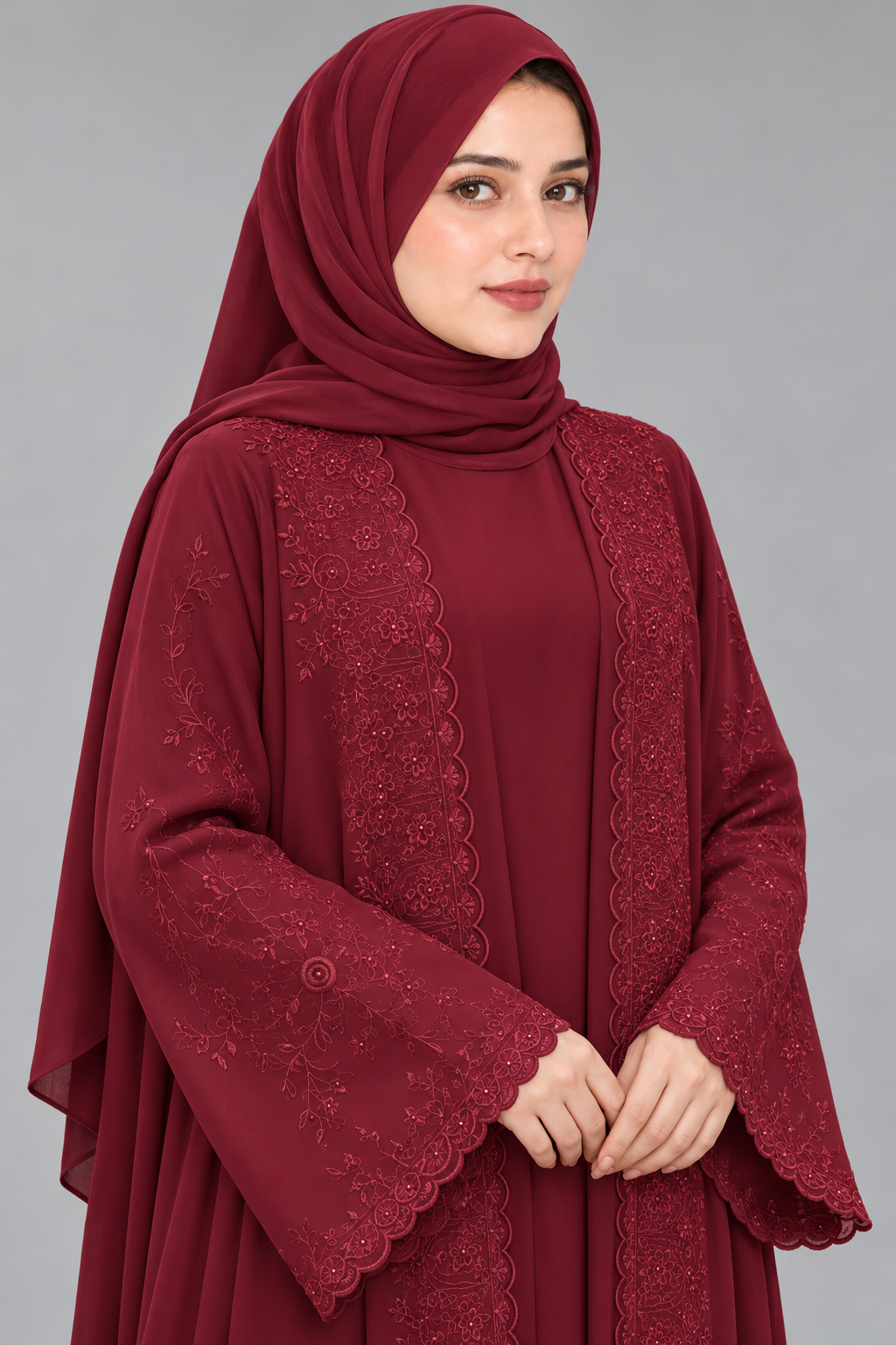 Maroon Tonal Floral Embroidery Abaya — garment detail