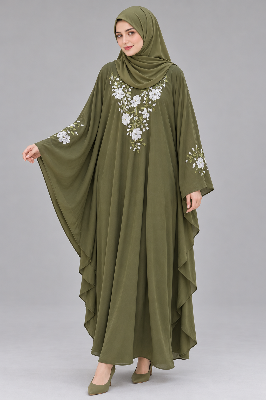 Olive & White Floral Embroidery Abaya — full-length front view