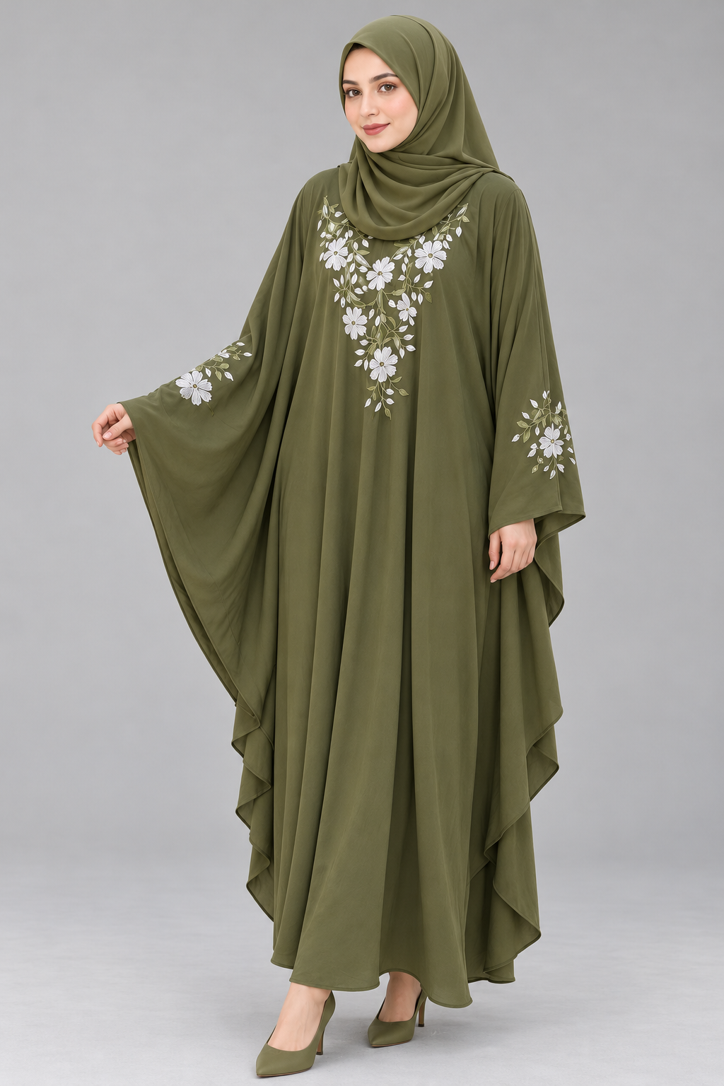 Olive & White Floral Embroidery Abaya — three-quarter view