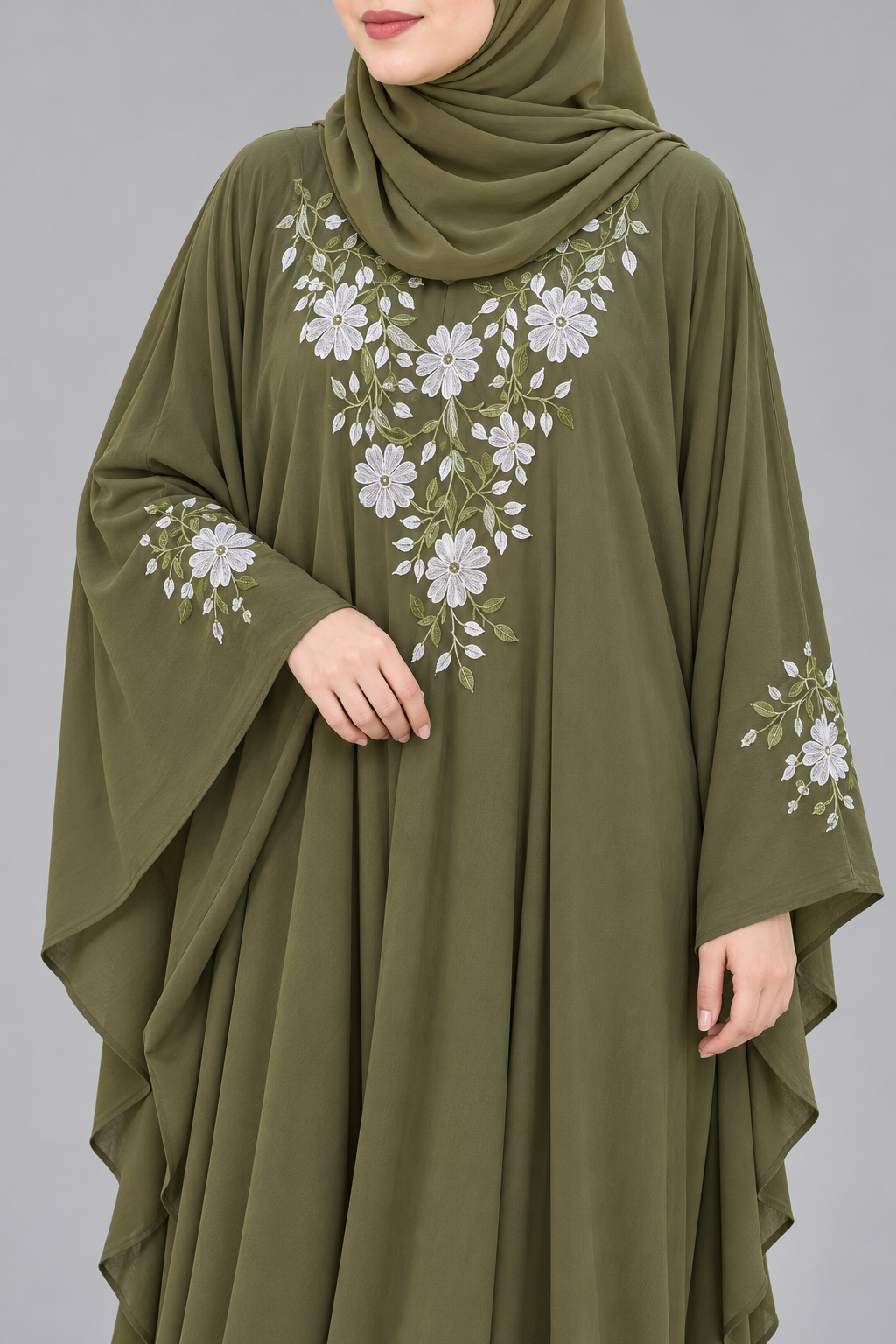 Olive & White Floral Embroidery Abaya — garment detail