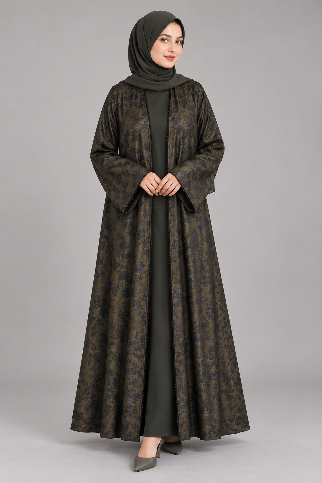Olive Floral Print Lace Abaya — Olive & Black