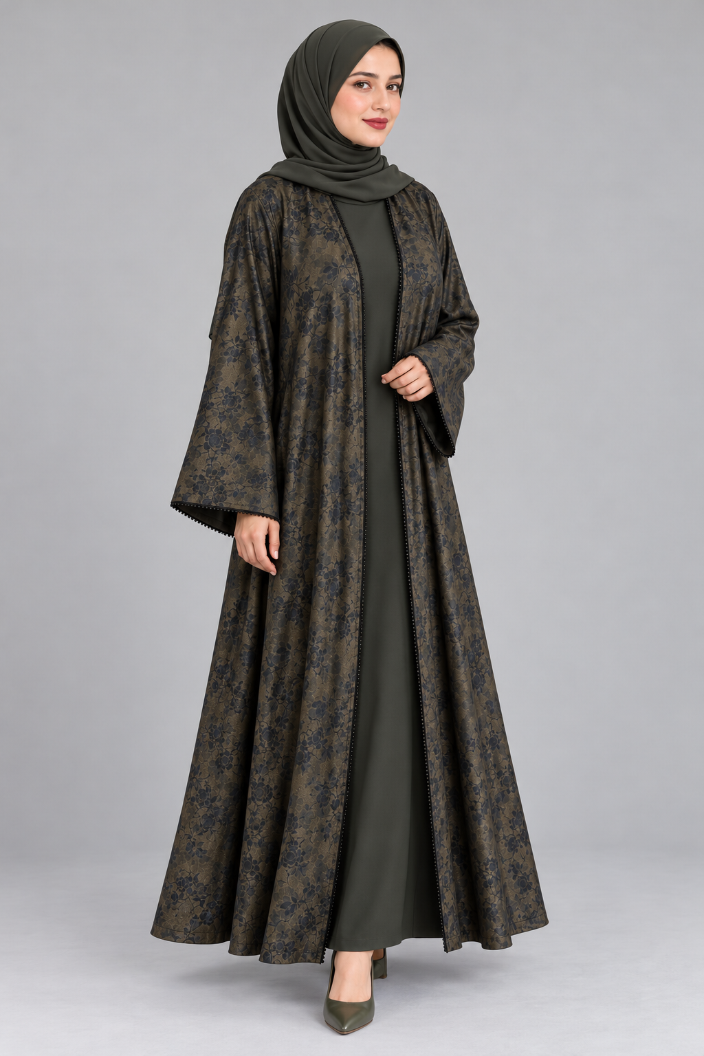 Olive Floral Print Lace Abaya — Olive & Black