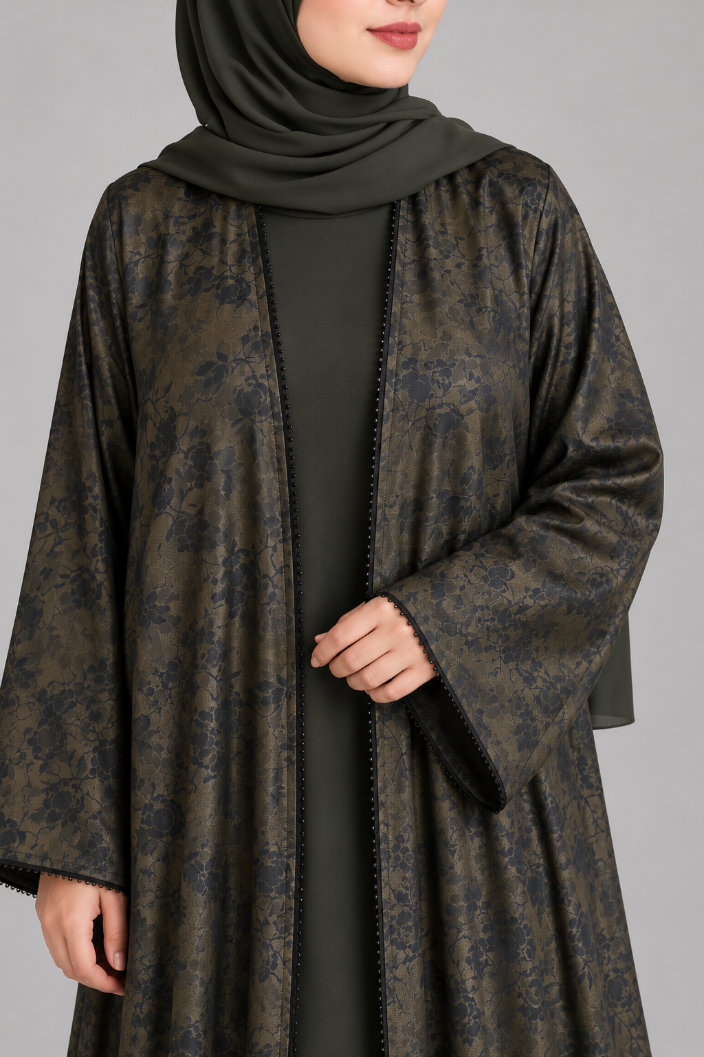 Olive Floral Print Lace Abaya — Olive & Black