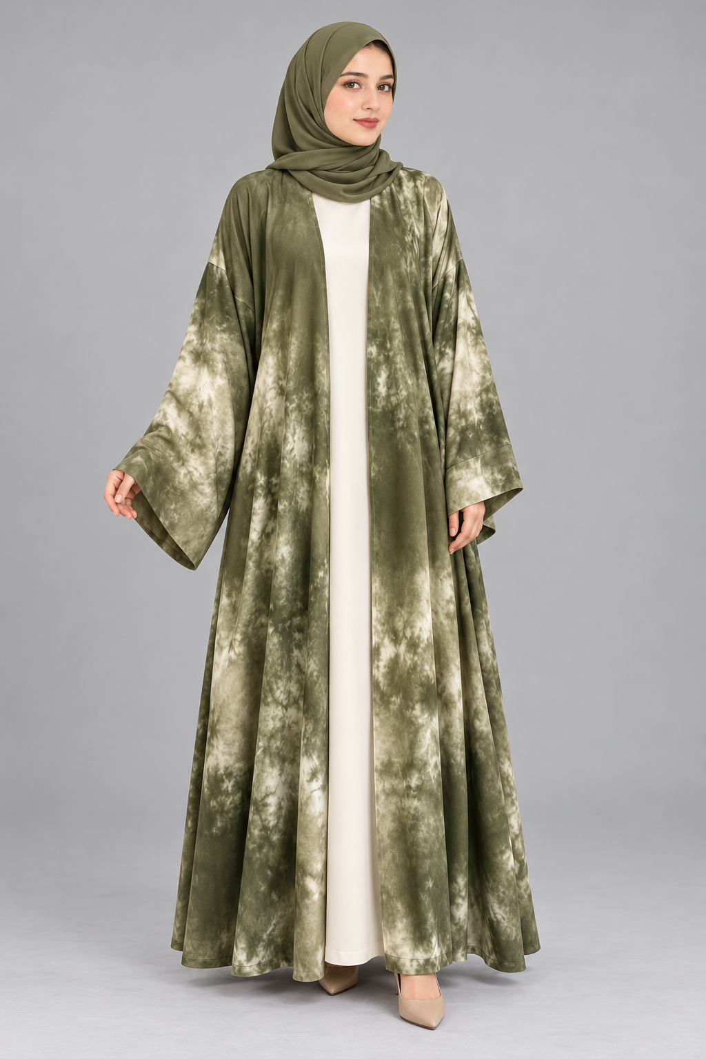 Olive Marble Print Open Abaya — Olive & Cream
