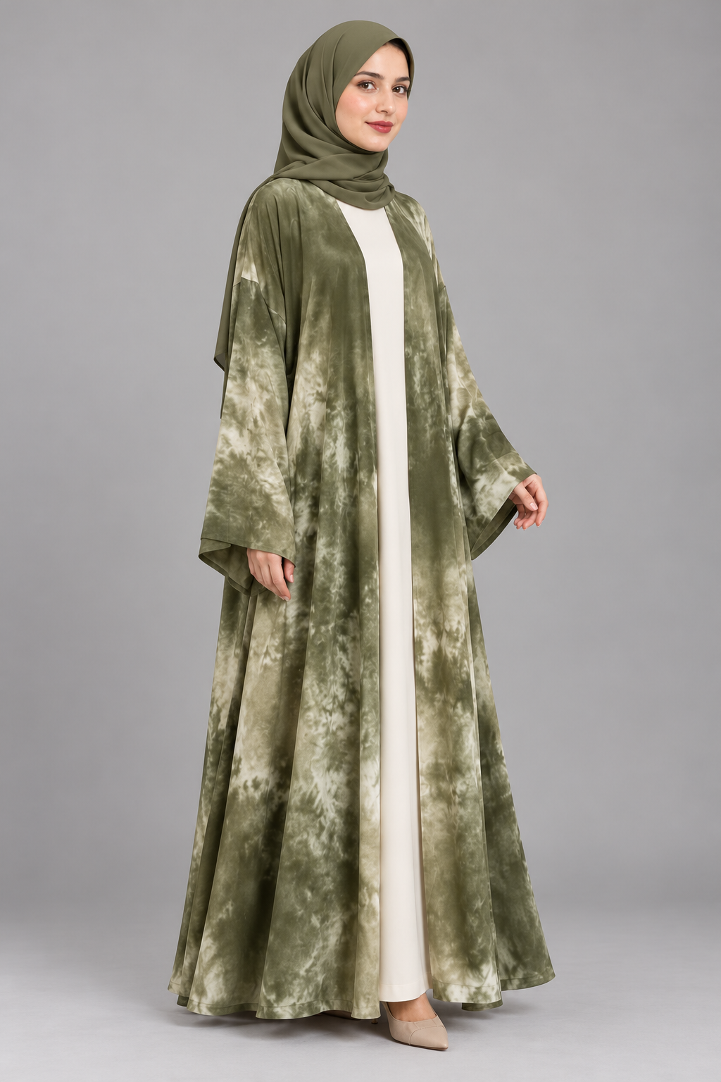 Olive Marble Print Open Abaya — Olive & Cream