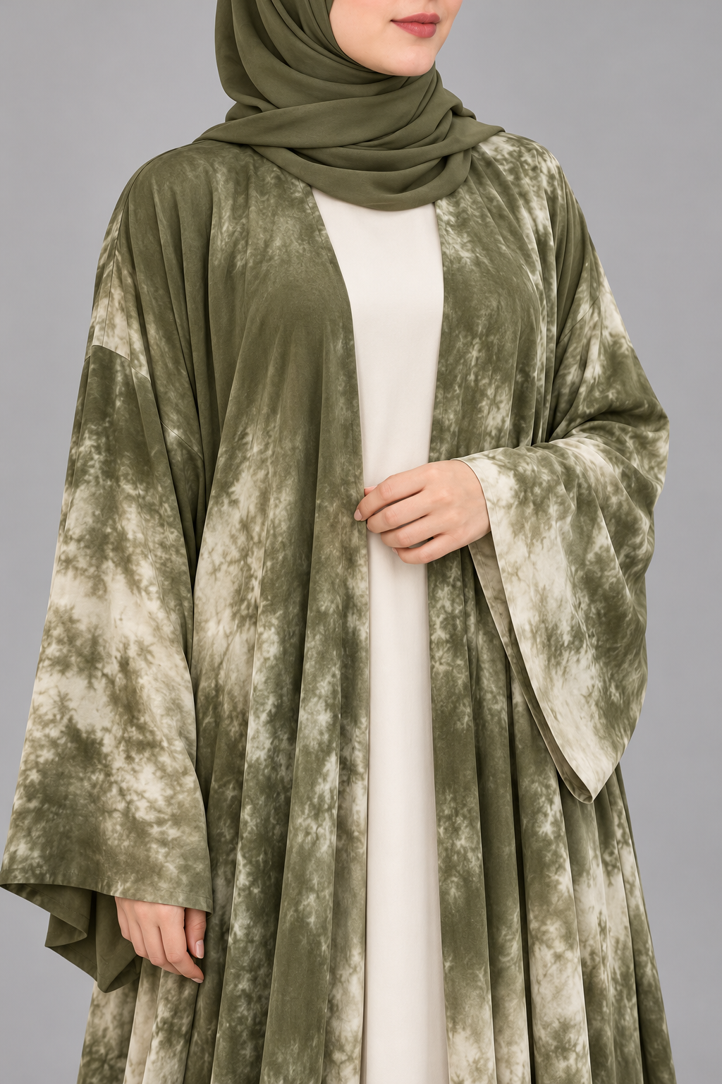 Olive Marble Print Open Abaya — Olive & Cream