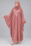 Dusty Rose & White Floral Embroidery Abaya — full-length front view