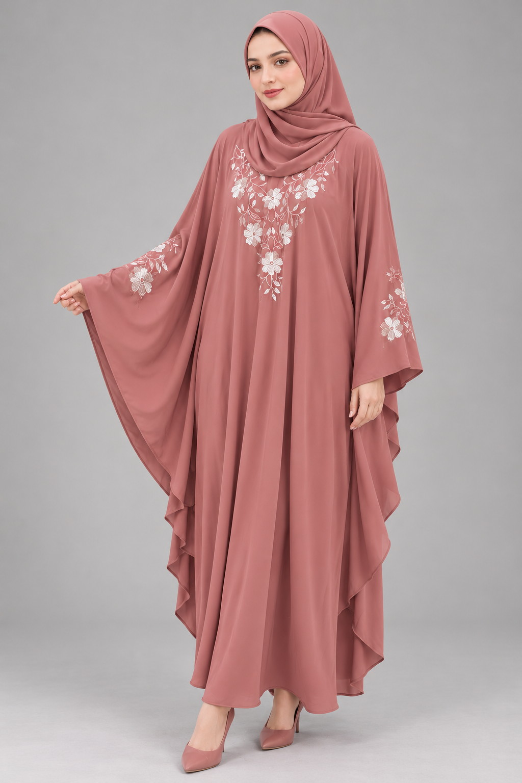 Dusty Rose & White Floral Embroidery Abaya — three-quarter view