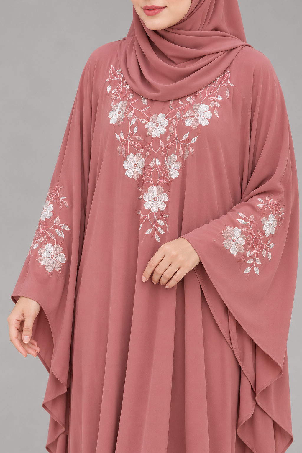 Dusty Rose & White Floral Embroidery Abaya — garment detail